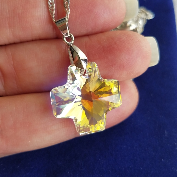 Swarovski Elements 925 Sterling Silver Aurora Borealis Cross Necklace NWT - Picture 4 of 11
